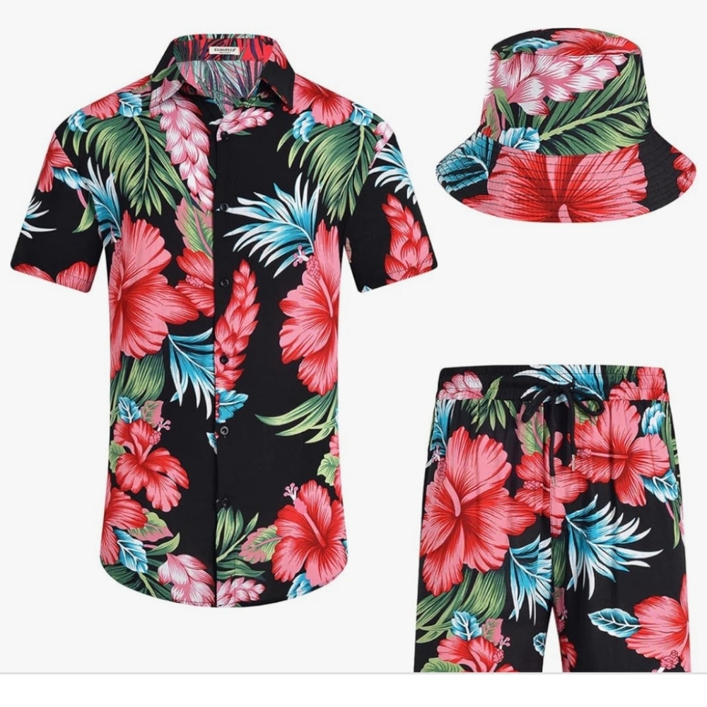 NEW MENS 3 PIECE CASUAL HAWAIIAN SHIRT, SHORT & BUCKET HAT SET SIZE LARGE